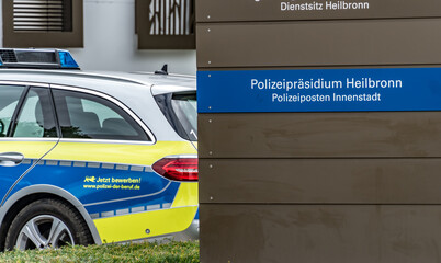 Heilbronn, Germany - July 10, 2020: Banner of the German police headquarters, police station...