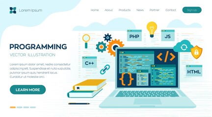 Programming banner, coding, best programming languages. Development and software concept. Computer code with windows on laptop screen. Workplace and working on laptop. Flat vector illustration.