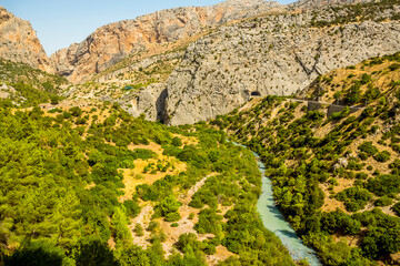 A view from the Caminito del Rey pathway looking back along the wide section of the Gaitanejo river...