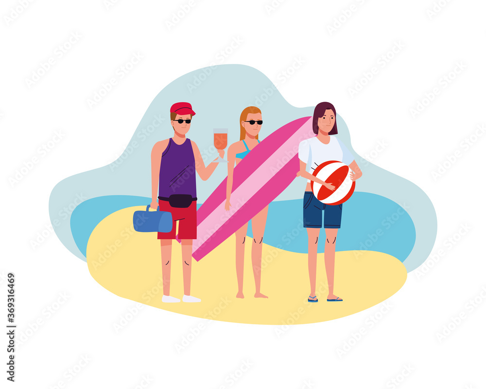 Poster young people wearing beach suits with surfboard and balloon characters