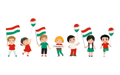 children holding Bulgarian flags and balloons with symbols of Bulgaria. Vector illustration. Modern design template