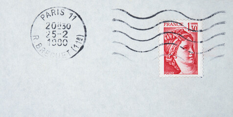 briefmarke stamp gesgempelt used vintage retro alt old slogan Paris frankreich france frau woman gesicht face rot red 1980