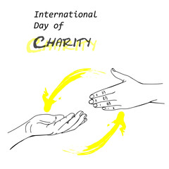 Vector illustration on the theme of international day of charity, 5 September. Helping hand with energy cycle in line art style with title.