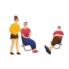 Mom dad and grandmother on a white background are resting. Family on a joint vacation on chairs. Adult people concept.