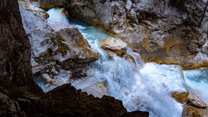 Clear water streams through gorge