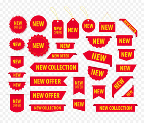 New offer red tags set, price tags and banners. Bookmarks and badge templates. Product stickers with offer. Promotional corner located element. 