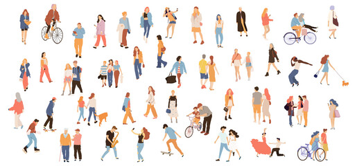 Crowd of flat illustrated people. Dancing, surfing, traveling, walking, working, playing people set. Vector big set
