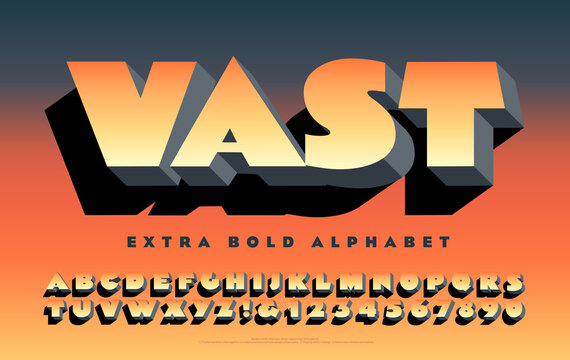 Vector Alphabet Extra Bold Font. This Ultra Heavy Sans-serif Lettering Has 3d Depth and Cast Shadow Effects. Super Extra Poster Style Fat Weight with Warm Colored Gradient.
