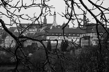 Skyline panorama view from town wall of Rothenburg ob der Tauber town, Bavaria, Germany. November...
