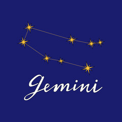 Gemini constellation astrology vector illustration with hand lettering inscriprion. Horoscope zodiac symbols made of yellow stars and lines isolated on dark blue background.