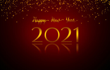 Happy New Year 2021 greeting card. Gold metallic inscription with reflection and sparklers on a red gradient background