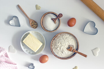 Homemade baking process step by step, ingredients and dough kneading steps, top view, flat lay