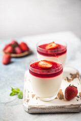 Italian panna cotta dessert with strawberry sirup and mint leaf