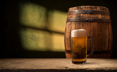 Beer barrel with beer glasses on a wooden table. The dark brown background.