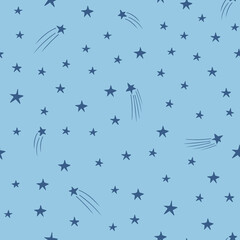 Falling stars seamless pattern design hand-drawn on blue background. Space, universe, falling stars - fabric wrapping, textile, wallpaper, apparel design.	