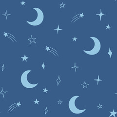 Obraz na płótnie Canvas Moon and stars seamless pattern design hand-drawn on blue background. Space, universe, moon, falling stars - fabric wrapping, textile, wallpaper, apparel design. 