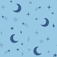 Obraz na płótnie Canvas Moon and stars seamless pattern design hand-drawn on blue background. Space, universe, moon, falling stars - fabric wrapping, textile, wallpaper, apparel design. 