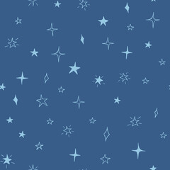 Fototapeta na wymiar Stars seamless pattern design hand-drawn on blue background. Space, universe - fabric wrapping, textile, wallpaper, apparel design. 