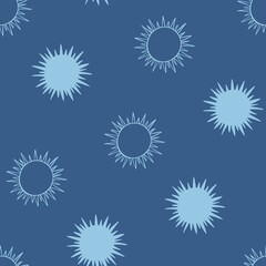 Sun seamless pattern design hand-drawn on blue background. Space, universe, sun - fabric wrapping, textile, wallpaper, apparel design.	