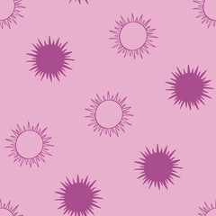 Sun seamless pattern design hand-drawn on pink background. Space, universe, sun - fabric wrapping, textile, wallpaper, apparel design.	