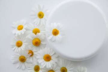 White jar of moisturizer and chamomile flowers on a white background.