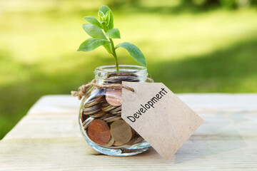 Development. Glass jar with coins, on a wooden table, on a natural background. High quality photo