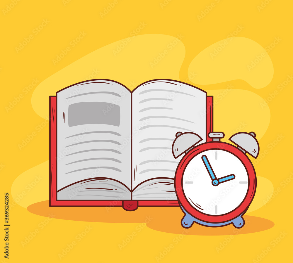 Poster alarm clock red color with book open vector illustration design