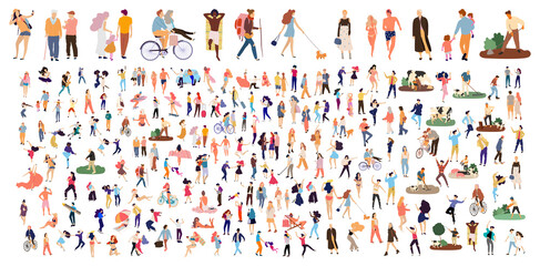 Fototapeta na wymiar Crowd of flat illustrated people. Dancing, surfing, traveling, walking, working, playing people set. Vector big set