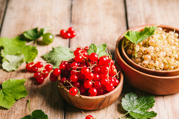 White currant and red currant with leaves in wooden bowls on a wooden background.