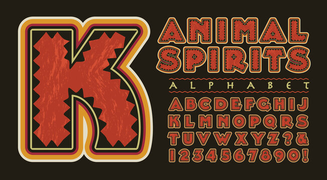 An Ornate Vector Alphabet with Tribal Native American, Southwestern, or Latin American Decorative Qualities. This Capital Letter and Number Font has a Primitive Spirit Animal Feel.