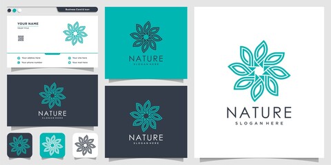 Fototapeta na wymiar Nature logo with outline style and business card design template, fresh, line art, flower, leaf, abstract, Premium Vector