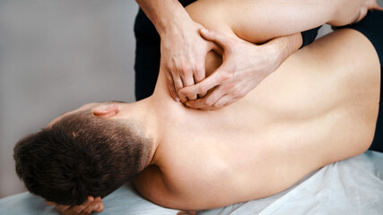Shoulder dislocation. Physiotherapy and recovery concept. High quality photo