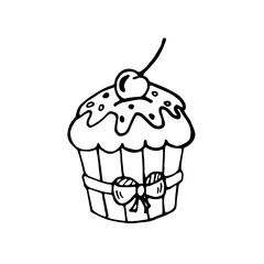 Hand drawn sketchy cupcake on white background. Cute cake with cream and cherry. Vector illustration on doodle style. Design for invitation, wedding and birthday card, bakery, banner, menu