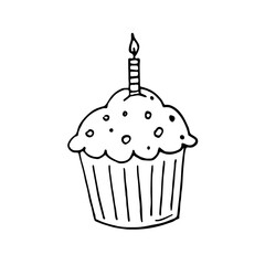 Birthday cupcake with candle on hand drawn style. Vector cupcake illustration, isolated on white background. Decorative element for menu, banner, invitation,  greeting card.
