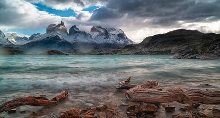 Landscape with lake Lago del Pehoe in Torres del Paine national park, Patagonia, Chile.
