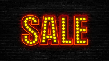 Sale sign with orange lamps on black bricks background, low price retro style