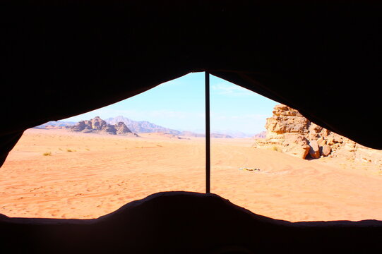 Deserted Landscape View Of The Wadi Rum Desert From A Tent, Jordan