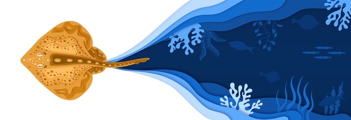Paper cut underwater world vector illustration.