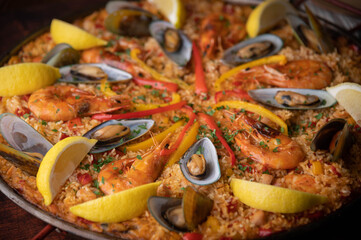 authentic paella on wooden board