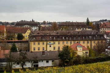 View of traditional houses with typical red tiled rooftops in Bamberg, Bavaria, Franconia, Germany....
