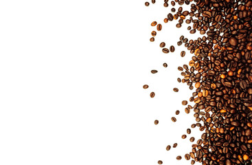 coffee beans scattered on a white background. aromatic arabica on a background with copy space. mockup
