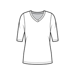 V-neck jersey sweater technical fashion illustration with elbow sleeves, oversized body, tunic length. Flat outwear apparel template front, white color. Women, men unisex shirt top CAD mockup