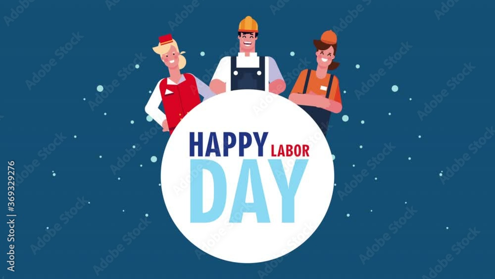 Poster happy labor day celebration with lettering and workers