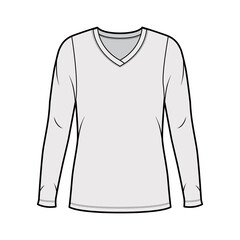 V-neck jersey sweater technical fashion illustration with long sleeves, oversized body, tunic length. Flat outwear apparel template front grey color. Women men unisex shirt top CAD mockup