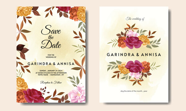 Beautiful autumn  floral frame wedding invitation card template Premium Vector