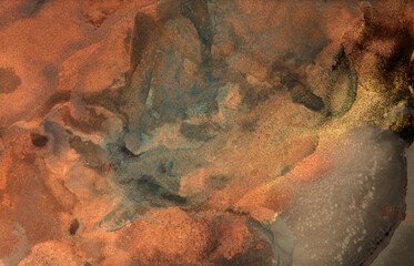 Gold and bronze Art Abstract painting blots background. Alcohol ink colors. Marble rust texture.