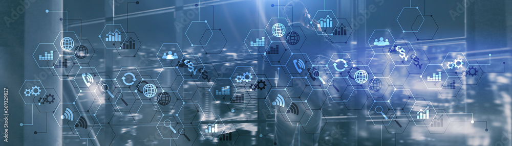 Poster ict - information and telecommunication technology and iot - internet of things concepts.