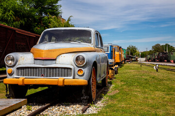 Old railroad service car on vintage train station