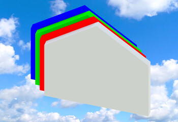 3D house in the sky, with multicolored linear elements, symbol of the house in a classic architectural building. Panels with blue green and red colors, primary RGB colors.