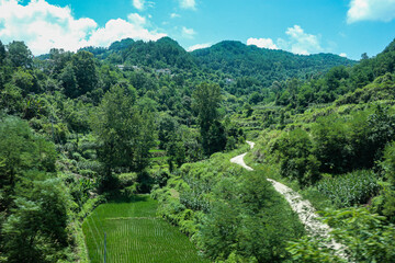 Fototapeta na wymiar Chinese rural village on a sunny day, farm and mountains